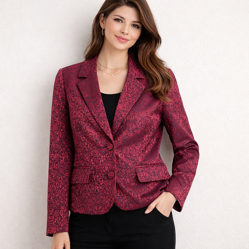 Womens Blazer 14P Red Black Brocade Cropped Jacket Gothic‎ Floral Dark Academia